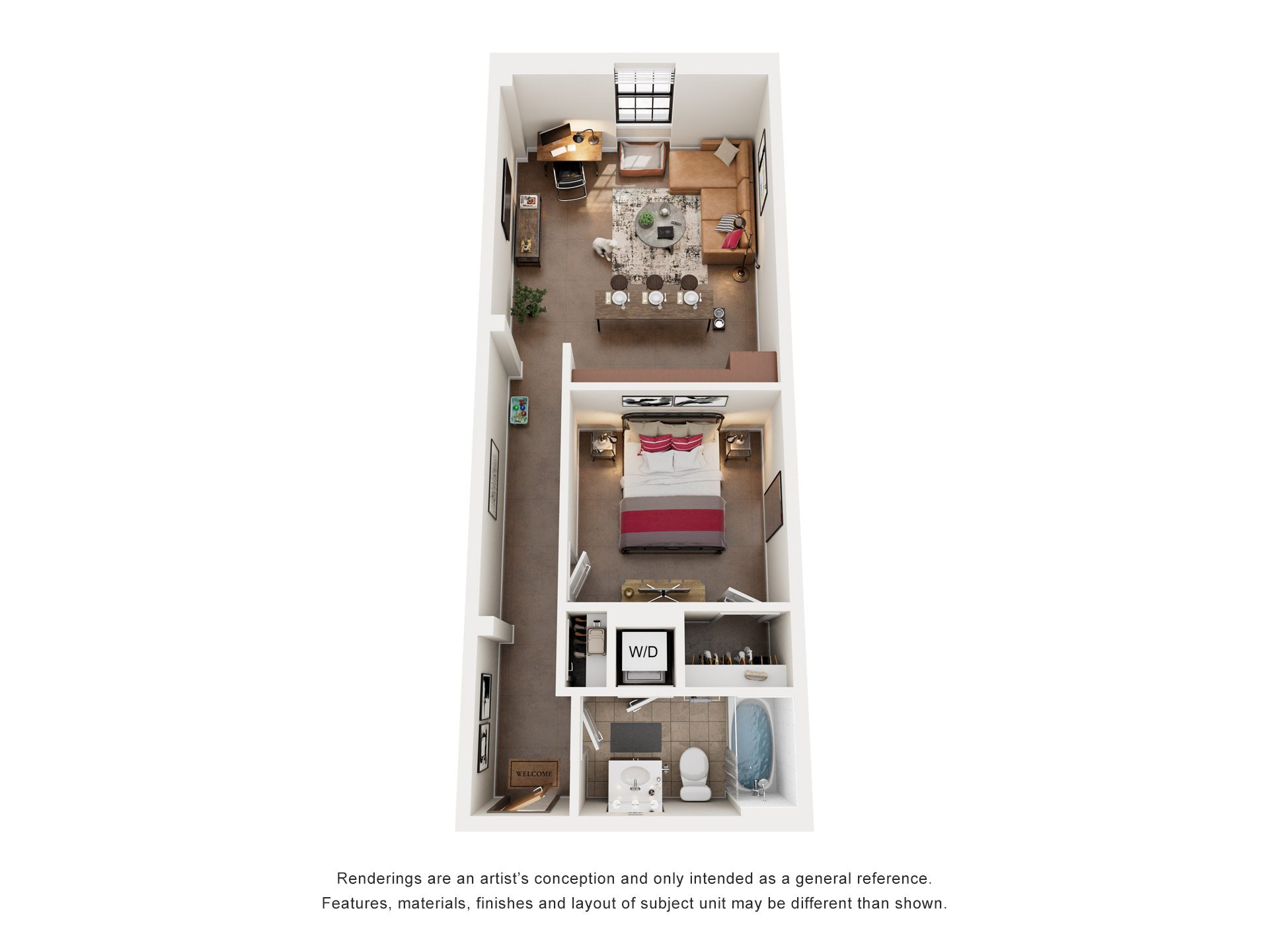 Floor plan for 1 bed, 1 bath, 655 sqft